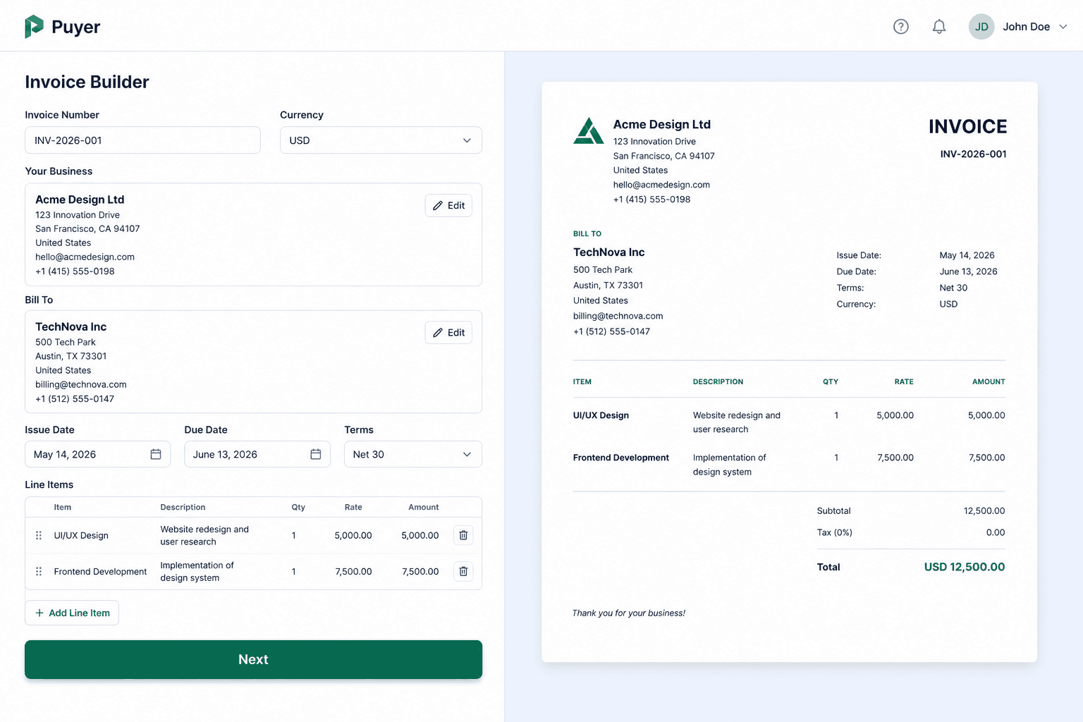 Invoice builder with a live preview and a green Next button