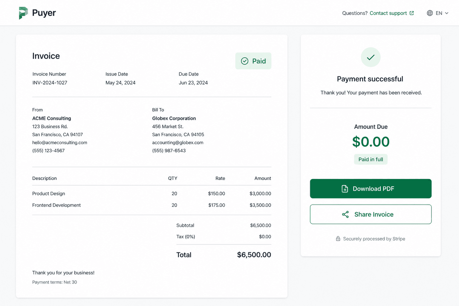 Paid invoice page with green Download PDF and Share actions
