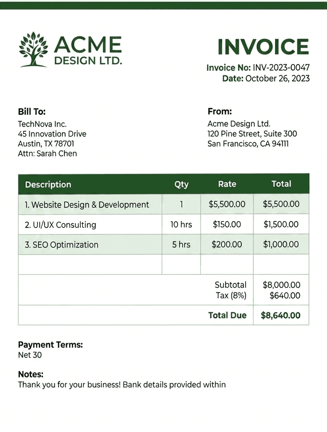 Professional invoice layout preview